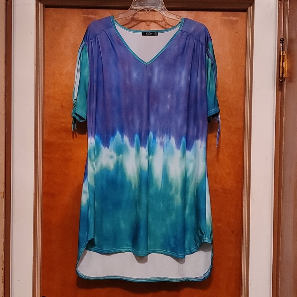 Purple & Turquoise Tie-Dye Tie-Sleeve V-Neck Tunic